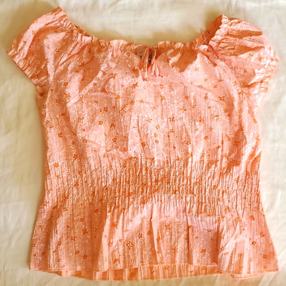 Off-the-shoulder, light orange, floral print blouse
